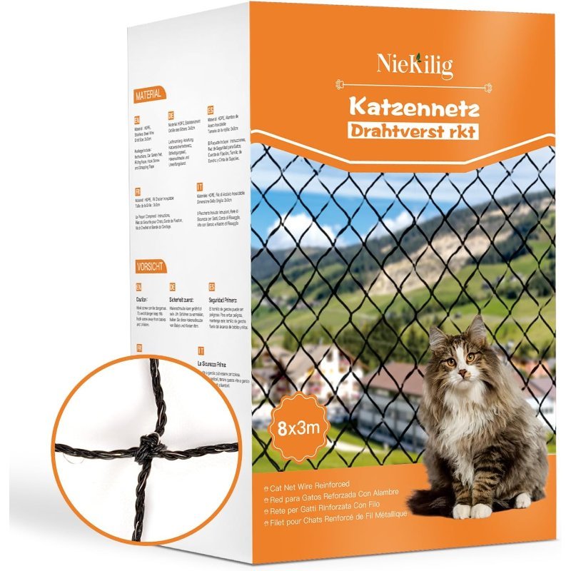 Red para Gatos Reforzada con Alambre, 8x3m, Protección para Terrazas y Balcones sin Taladro