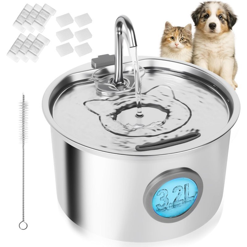 Fuente para Gatos de Acero Inoxidable 3,2 L, 6 Filtros, Bomba Silenciosa
