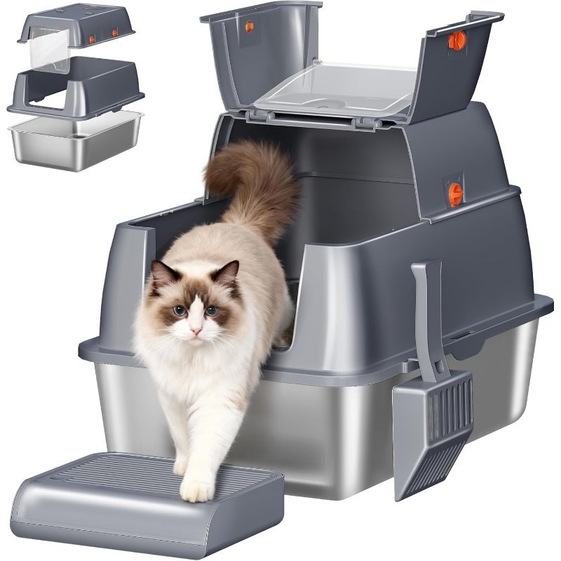 Arenero de Acero Inoxidable para Gatos XXL, Cerrado con Tapa, Pedal y Pala