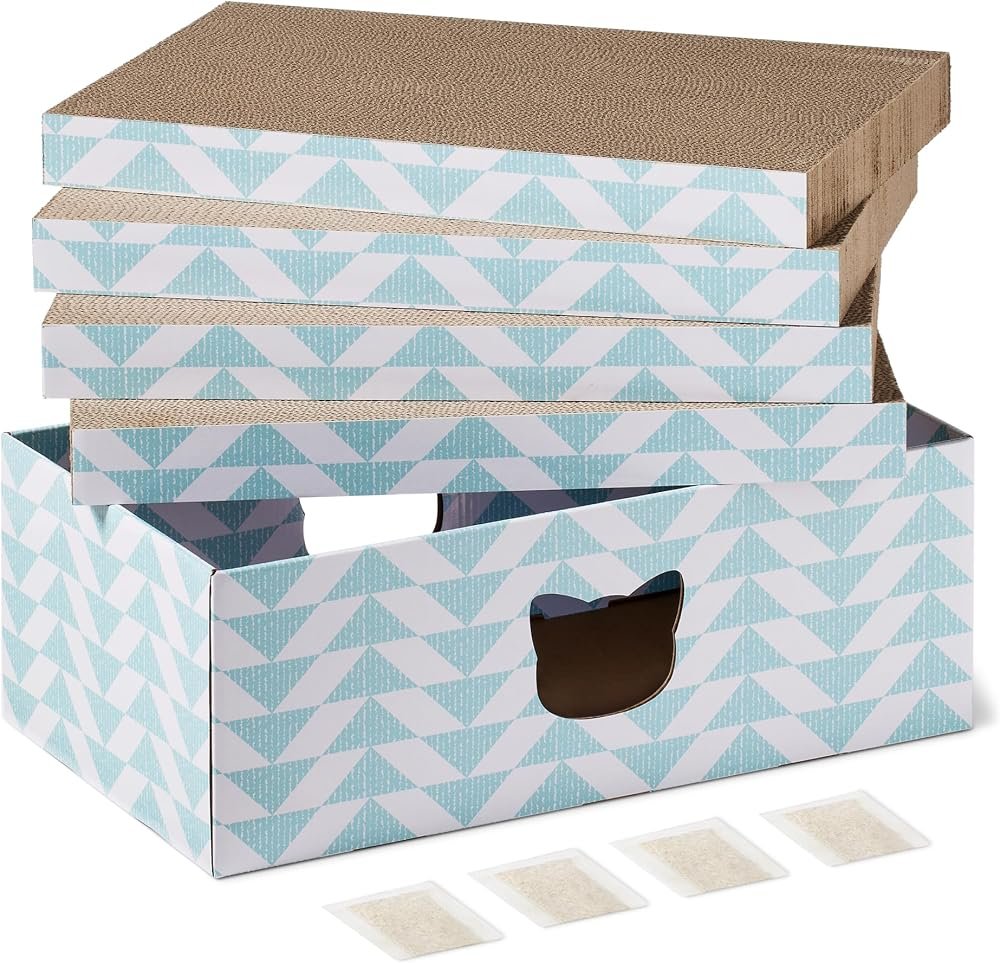 Amazon Basics rascador de cartón con caja, pack de 4 unidades
