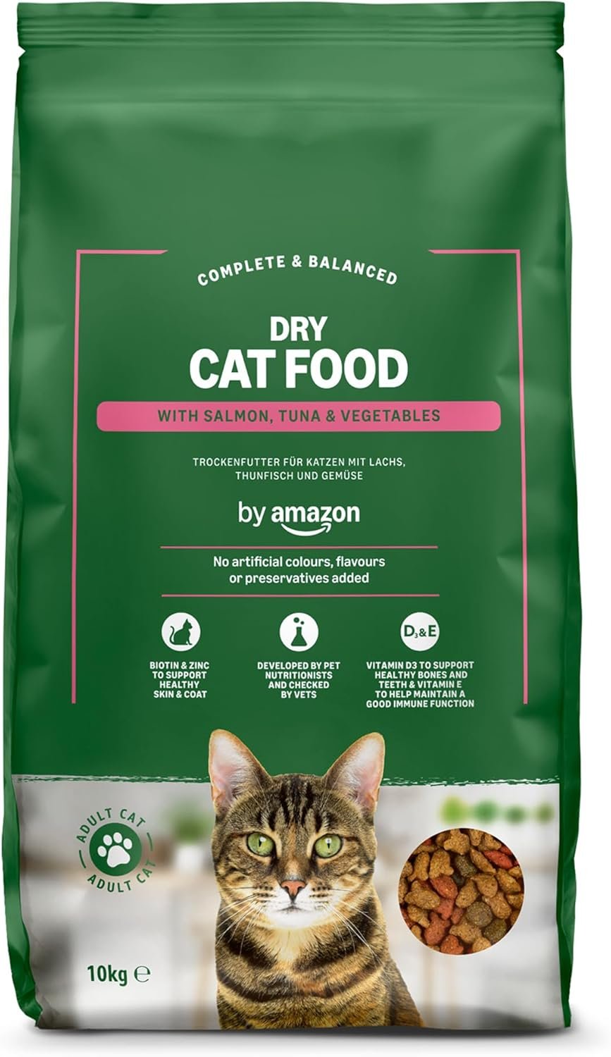 by Amazon alimento seco para gatos adultos con salmón, atún y verduras, saco de 10kg