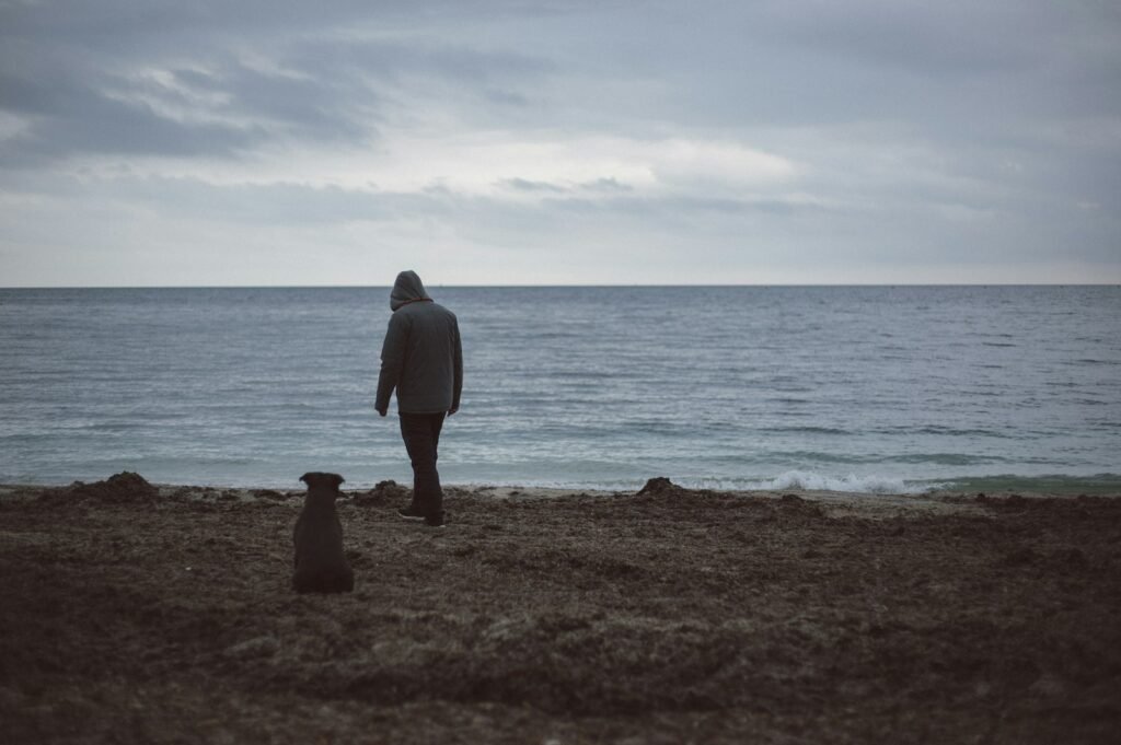 Perro junto a su dueño observando el mar en un día nublado y tormentoso