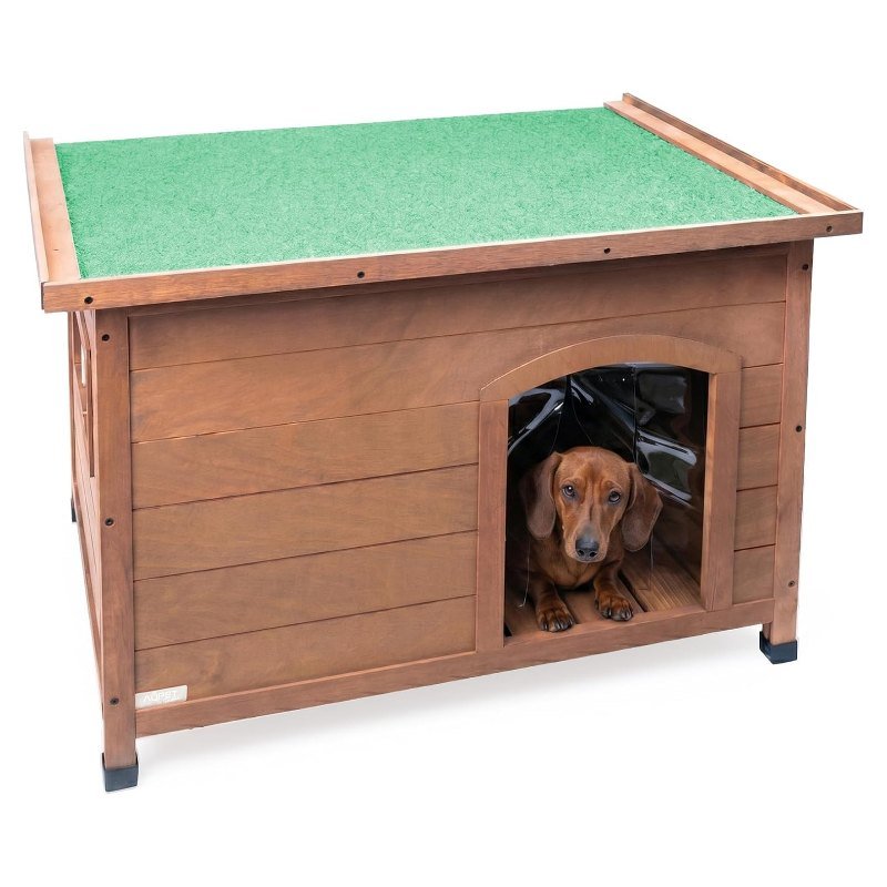 Caseta de madera Aqpet Friends con cortinas térmicas para perros pequeños