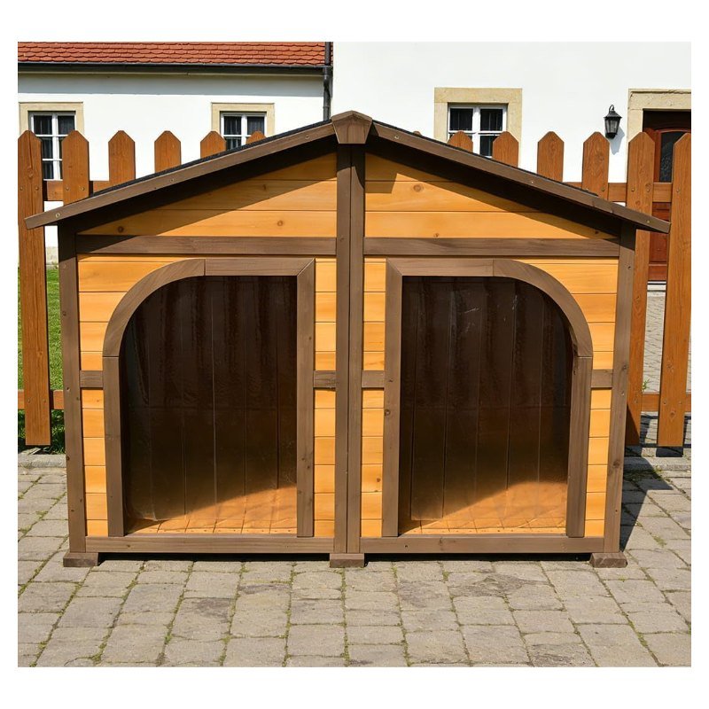 Caseta para perros grandes con doble techo shingle y dos compartimentos